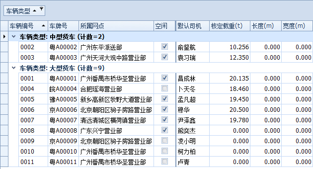 蓝格物流软件-根据“车辆类型”对车辆进行分组效果展示